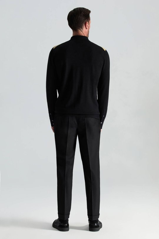 Merino Yün Pamuk Karışım Şerit Desenli Düğmeli Siyah Triko Gömlek