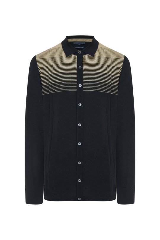 Merino Yün Pamuk Karışım Şerit Desenli Düğmeli Siyah Triko Gömlek