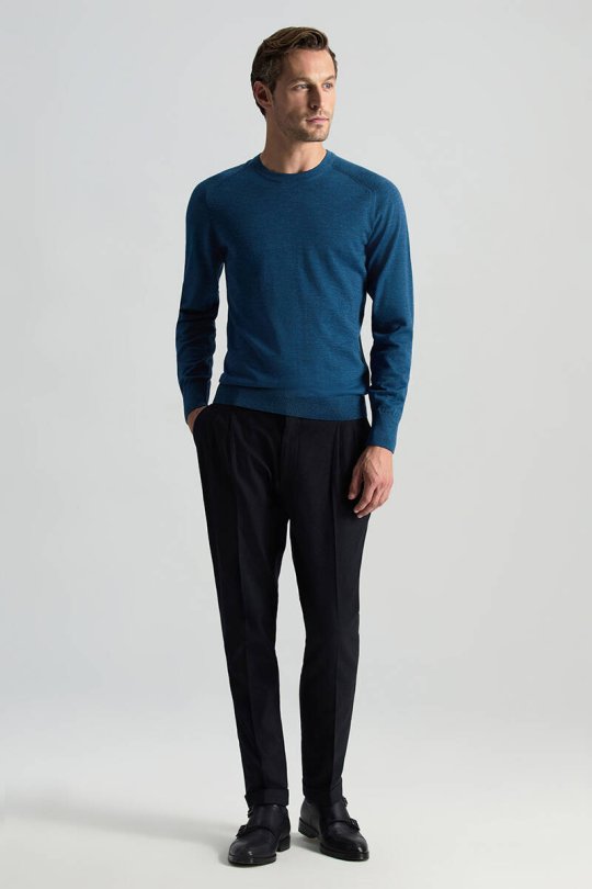 Merino Yün Petrol Mavisi Bisiklet Yaka Triko