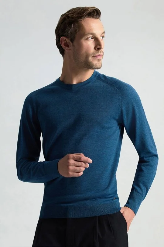 Hemington - Merino Yün Petrol Mavisi Bisiklet Yaka Triko