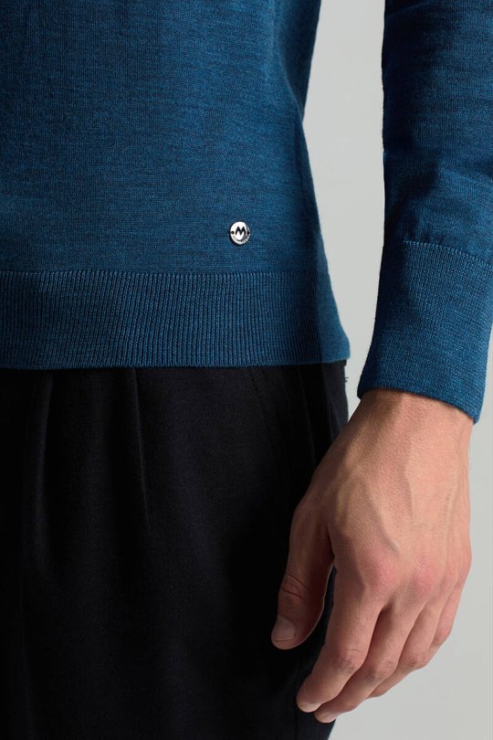 Merino Yün Petrol Mavisi Bisiklet Yaka Triko