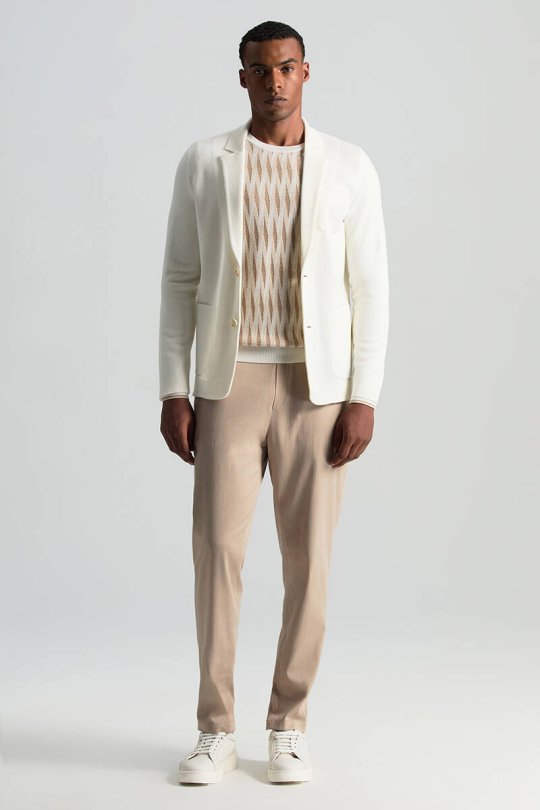 Merino Yün Şerit Desenli Ekru Bisiklet Yaka Triko