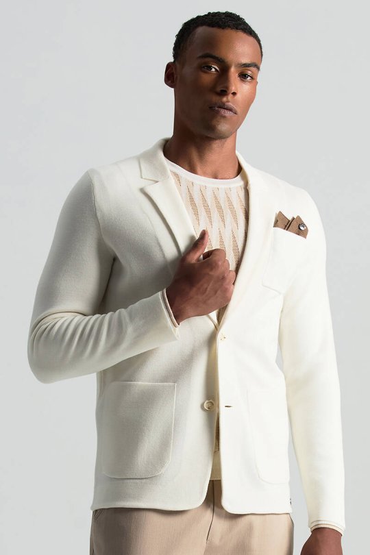 Merino Yün Şerit Desenli Ekru Bisiklet Yaka Triko