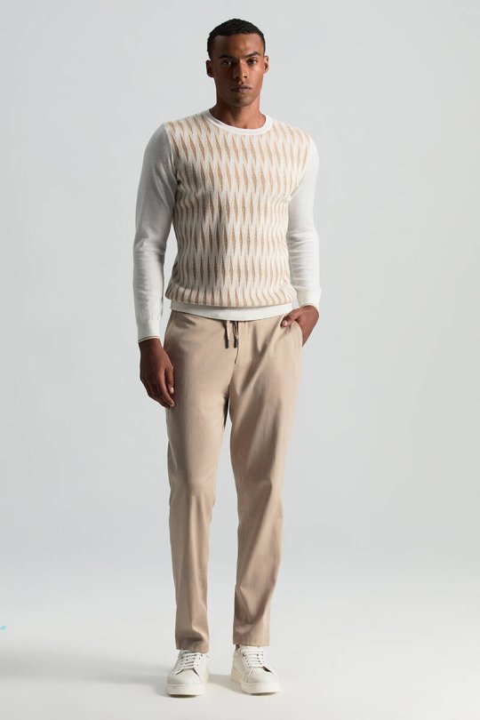 Merino Yün Şerit Desenli Ekru Bisiklet Yaka Triko