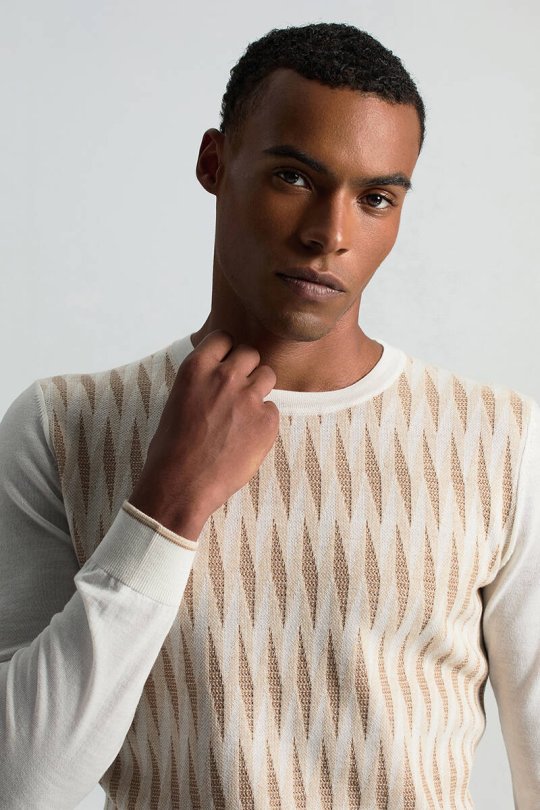 Merino Yün Şerit Desenli Ekru Bisiklet Yaka Triko