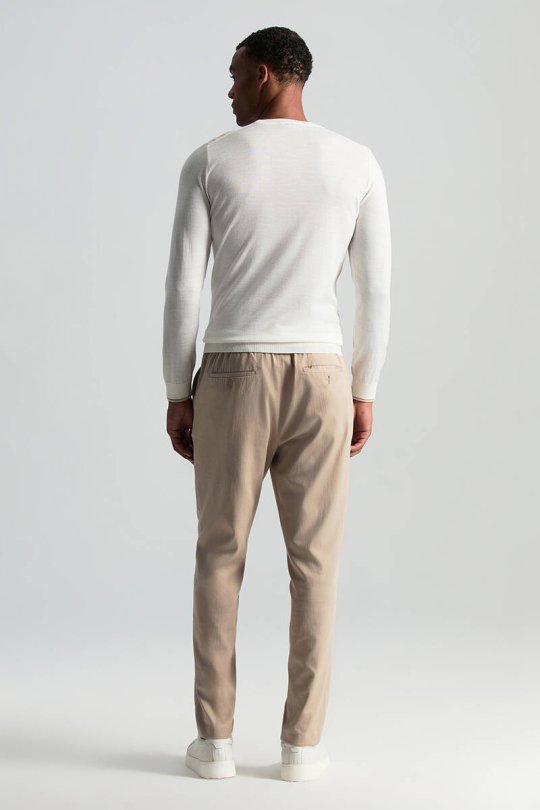 Merino Yün Şerit Desenli Ekru Bisiklet Yaka Triko