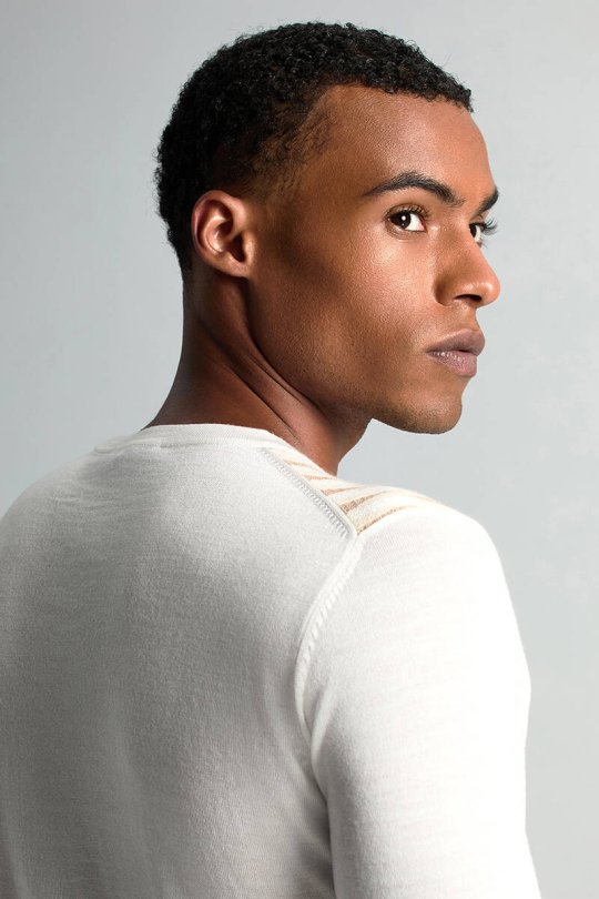 Merino Yün Şerit Desenli Ekru Bisiklet Yaka Triko