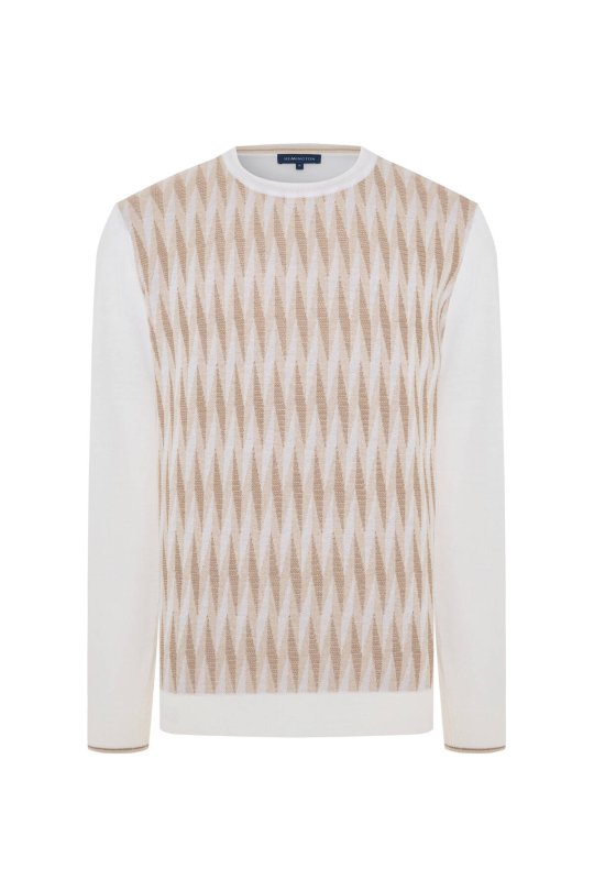 Merino Yün Şerit Desenli Ekru Bisiklet Yaka Triko