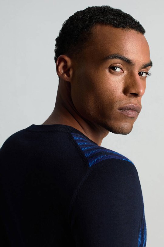 Merino Yün Şerit Desenli Lacivert Bisiklet Yaka Triko