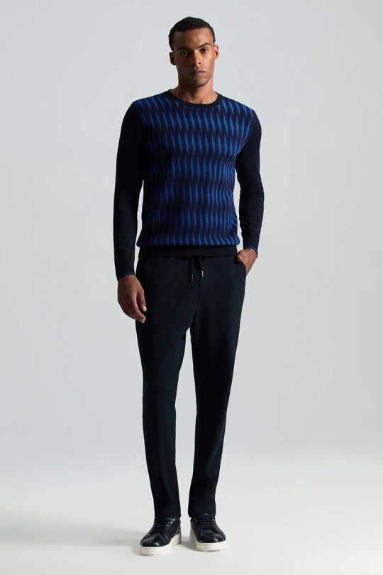 Merino Yün Şerit Desenli Lacivert Bisiklet Yaka Triko