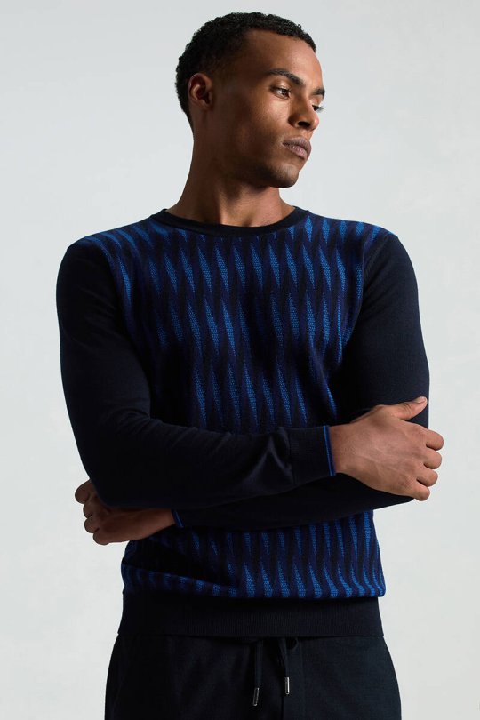 Merino Yün Şerit Desenli Lacivert Bisiklet Yaka Triko