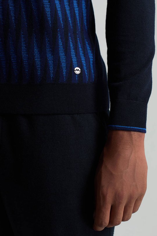 Merino Yün Şerit Desenli Lacivert Bisiklet Yaka Triko
