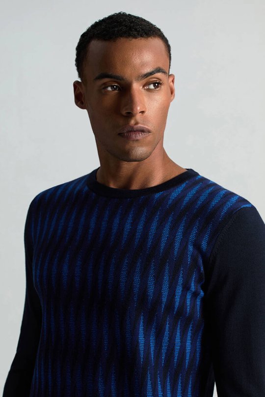 Merino Yün Şerit Desenli Lacivert Bisiklet Yaka Triko