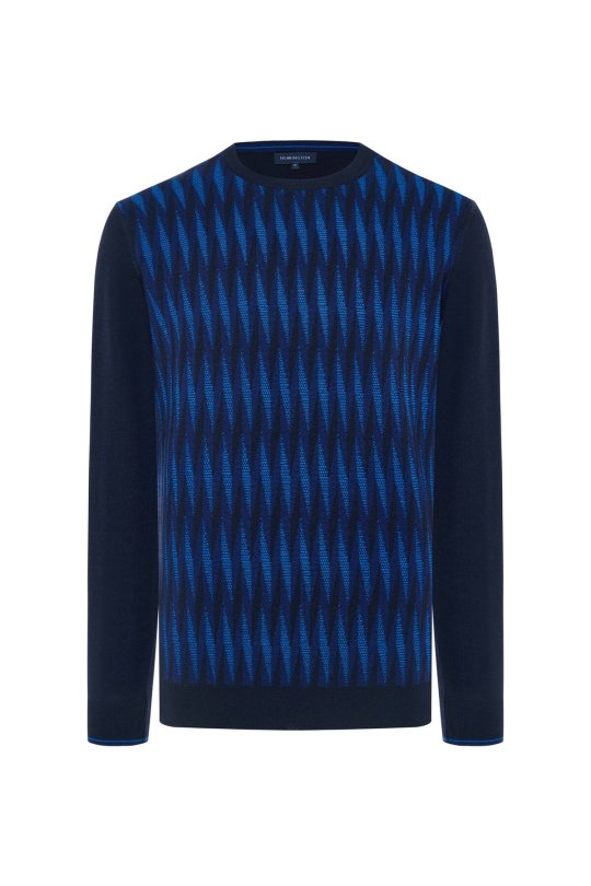 Merino Yün Şerit Desenli Lacivert Bisiklet Yaka Triko