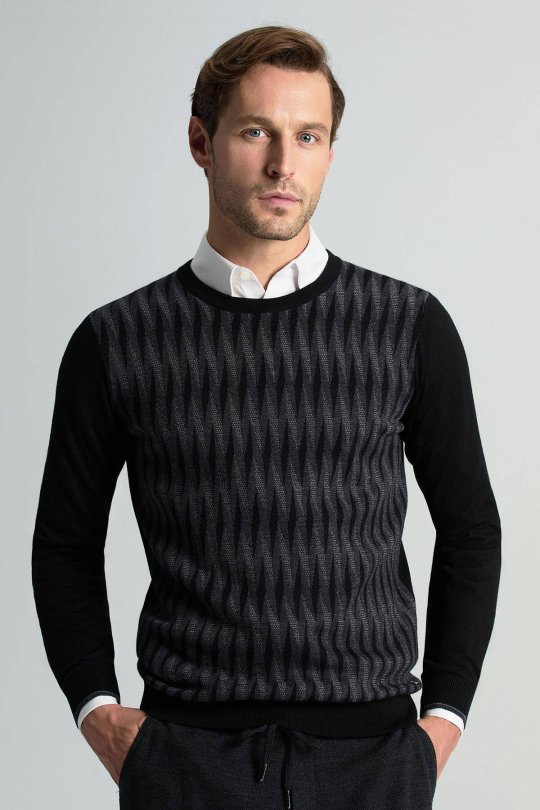 Merino Yün Şerit Desenli Siyah Bisiklet Yaka Triko