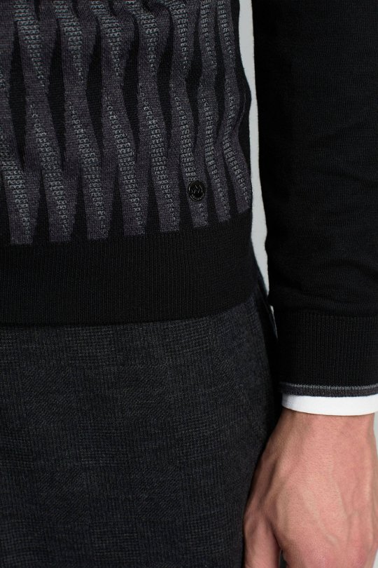 Merino Yün Şerit Desenli Siyah Bisiklet Yaka Triko