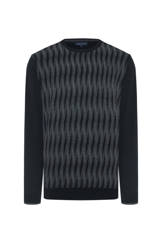 Merino Yün Şerit Desenli Siyah Bisiklet Yaka Triko