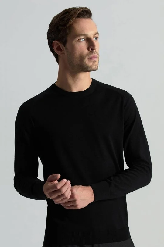 Hemington - Merino Yün Siyah Bisiklet Yaka Triko