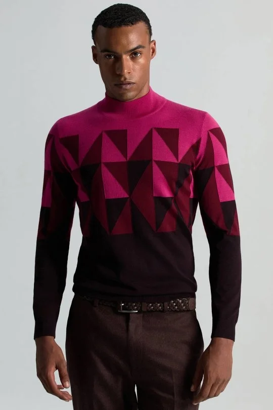 Hemington - Merino Yün Yarım Balıkçı Yaka Desenli Fuşya Triko