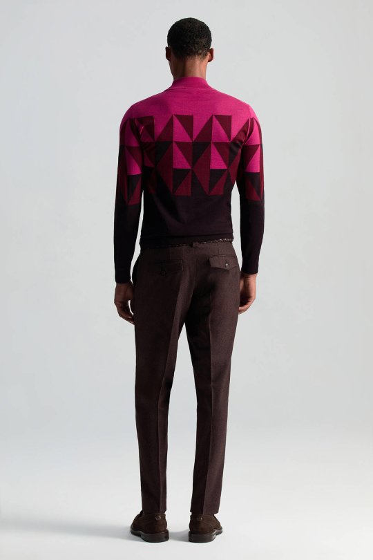 Merino Yün Yarım Balıkçı Yaka Desenli Fuşya Triko