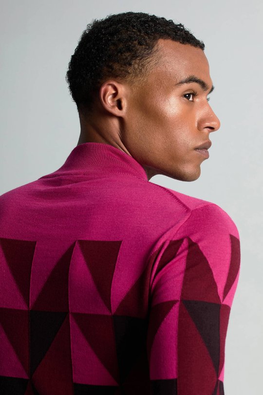 Merino Yün Yarım Balıkçı Yaka Desenli Fuşya Triko