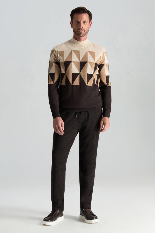 Merino Yün Yarım Balıkçı Yaka Desenli Kahverengi Triko