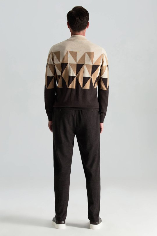 Merino Yün Yarım Balıkçı Yaka Desenli Kahverengi Triko