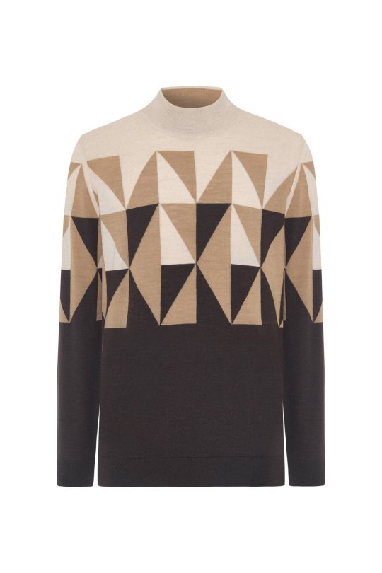 Merino Yün Yarım Balıkçı Yaka Desenli Kahverengi Triko
