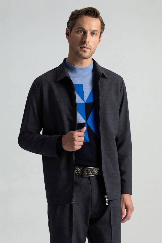 Merino Yün Yarım Balıkçı Yaka Desenli Lacivert Triko