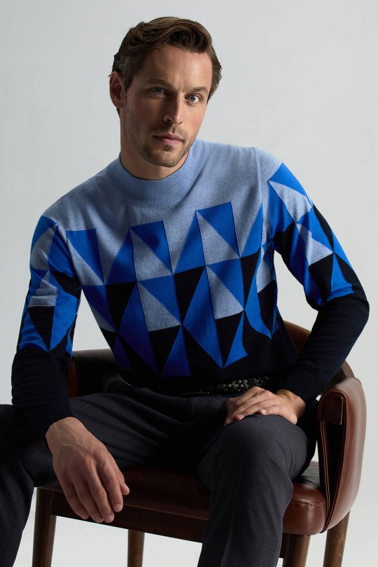 Merino Yün Yarım Balıkçı Yaka Desenli Lacivert Triko