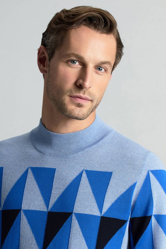 Merino Yün Yarım Balıkçı Yaka Desenli Lacivert Triko