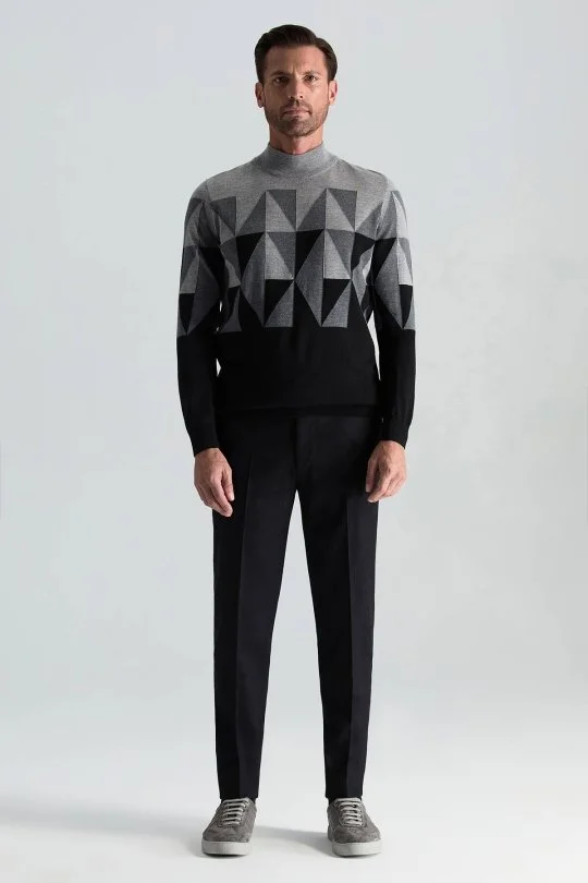 Hemington - Merino Yün Yarım Balıkçı Yaka Desenli Siyah Triko (1)