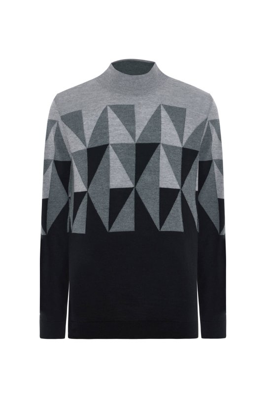 Merino Yün Yarım Balıkçı Yaka Desenli Siyah Triko