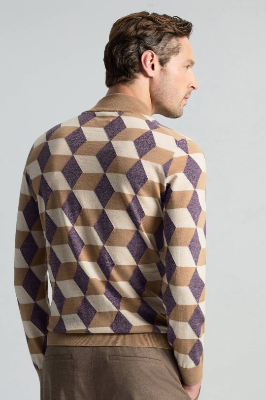 Merino Yünü Argyle Desen Lupetto Yaka Camel Triko