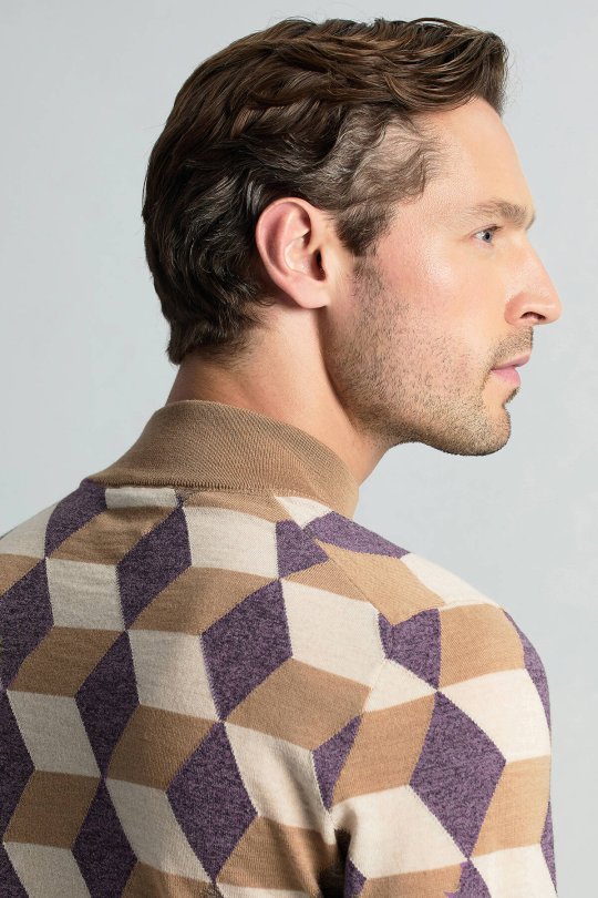 Merino Yünü Argyle Desen Lupetto Yaka Camel Triko