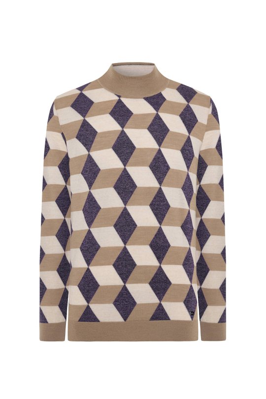 Merino Yünü Argyle Desen Lupetto Yaka Camel Triko