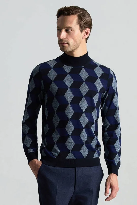 Hemington - Merino Yünü Argyle Desen Lupetto Yaka Lacivert Triko