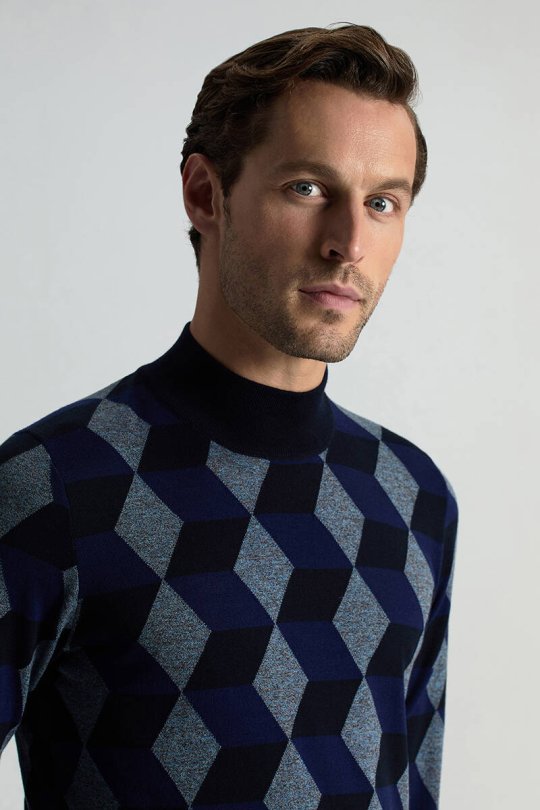 Merino Yünü Argyle Desen Lupetto Yaka Lacivert Triko