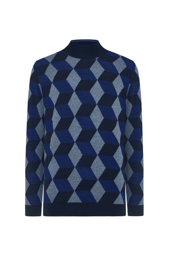 Merino Yünü Argyle Desen Lupetto Yaka Lacivert Triko