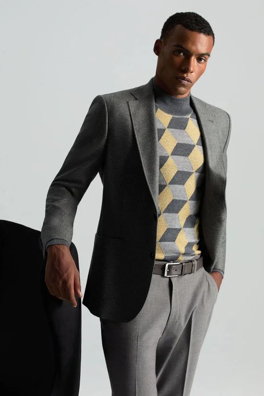 Hemington - Merino Yünü Argyle Desen Lupetto Yaka Orta Gri Triko (1)