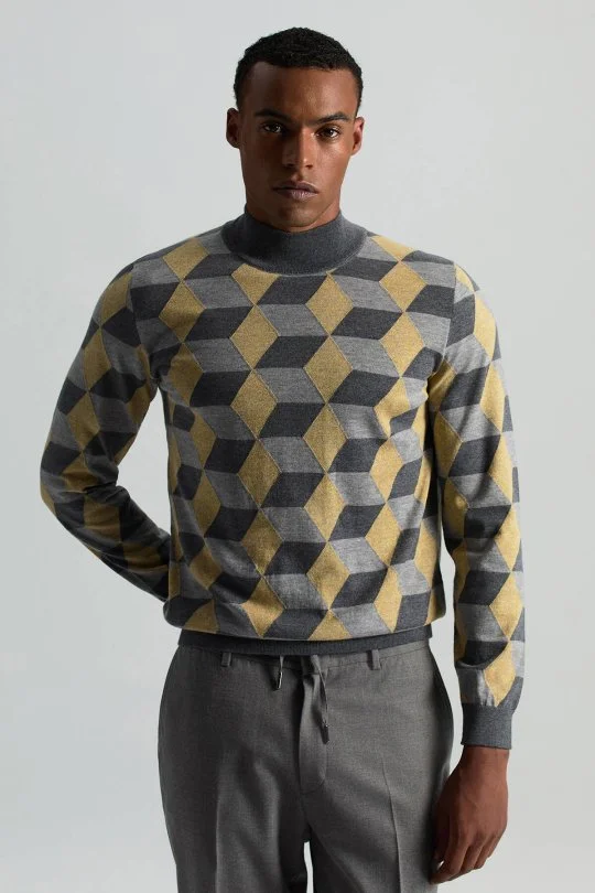 Hemington - Merino Yünü Argyle Desen Lupetto Yaka Orta Gri Triko