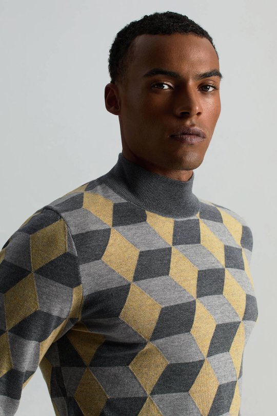 Merino Yünü Argyle Desen Lupetto Yaka Orta Gri Triko