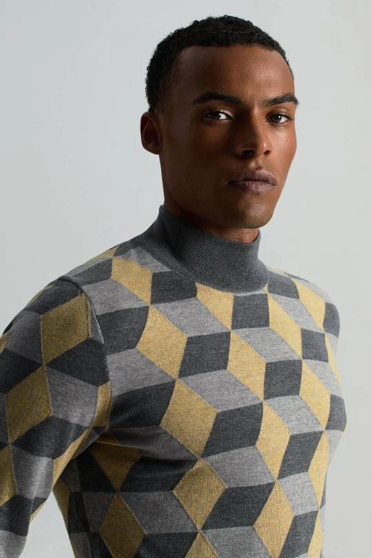 Hemington - Merino Yünü Argyle Desen Lupetto Yaka Orta Gri Triko (2)