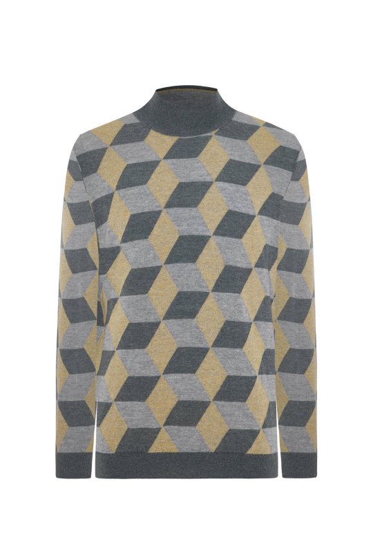 Merino Yünü Argyle Desen Lupetto Yaka Orta Gri Triko