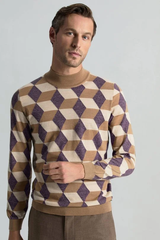 Hemington - Merino Yünü Baklava Desen Lupetto Yaka Camel Triko