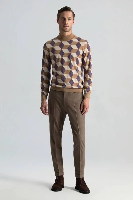 Hemington - Merino Yünü Baklava Desen Lupetto Yaka Camel Triko (1)
