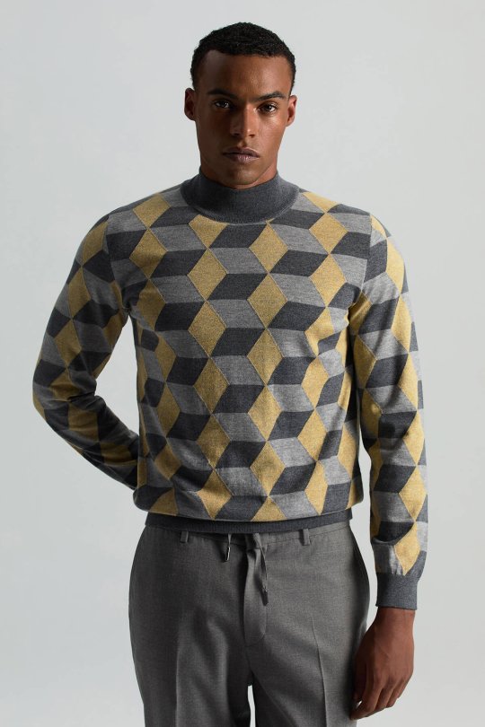 Merino Yünü Baklava Desen Lupetto Yaka Orta Gri Triko