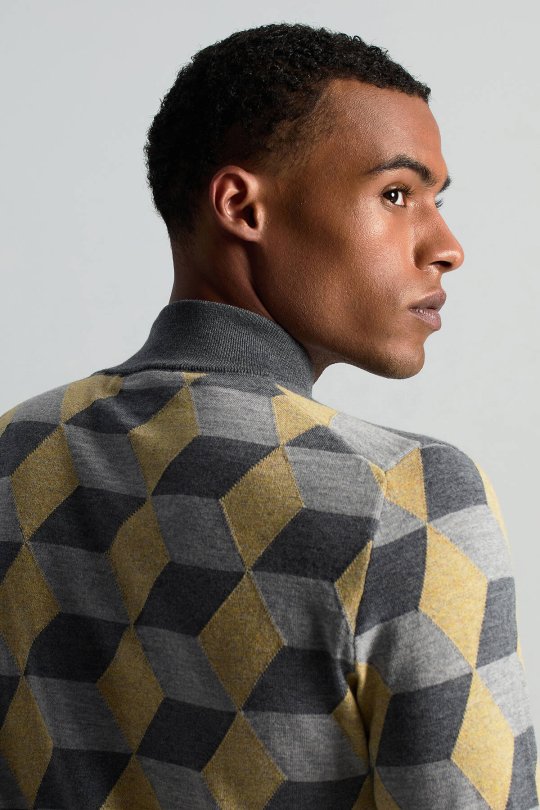 Merino Yünü Baklava Desen Lupetto Yaka Orta Gri Triko