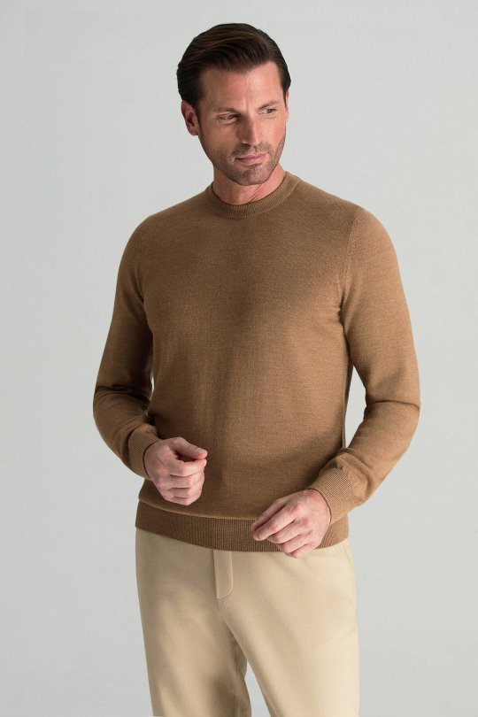 Merino Yünü Bisiklet Yaka Camel Triko Kazak