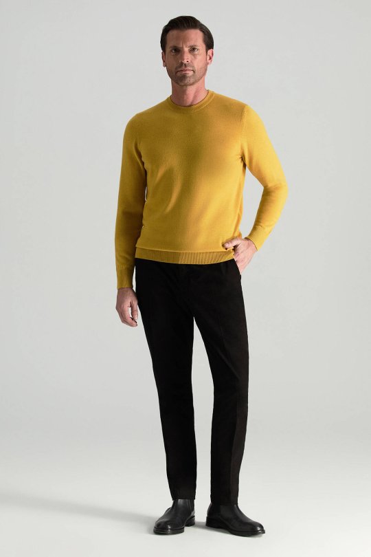 Merino Yünü Bisiklet Yaka Sarı Triko Kazak